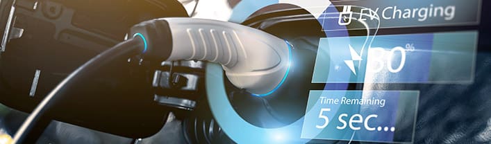 Power cable pump plug in charging power to electric vehicle EV car with modern technology UI control information display, car fueling station connected power cable alternative sustainable eco energy